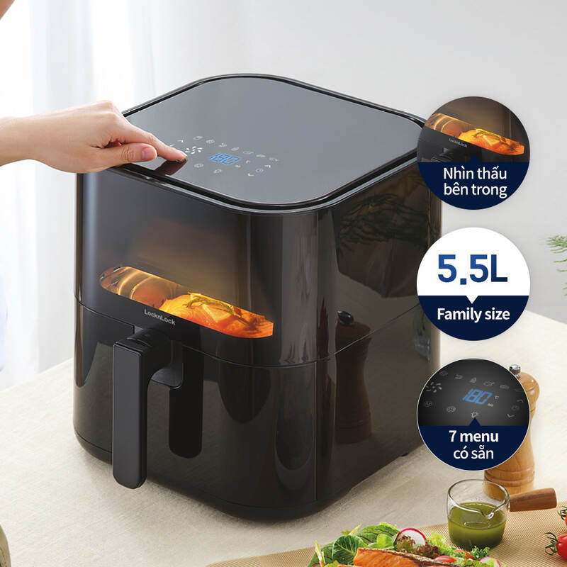 [Áp voucher giảm thêm 300k] Nồi Chiên Không Dầu LocknLock Visible Air Fryer Cube 5.5L - Màu Đen - EJF996BLK, , large image number null
